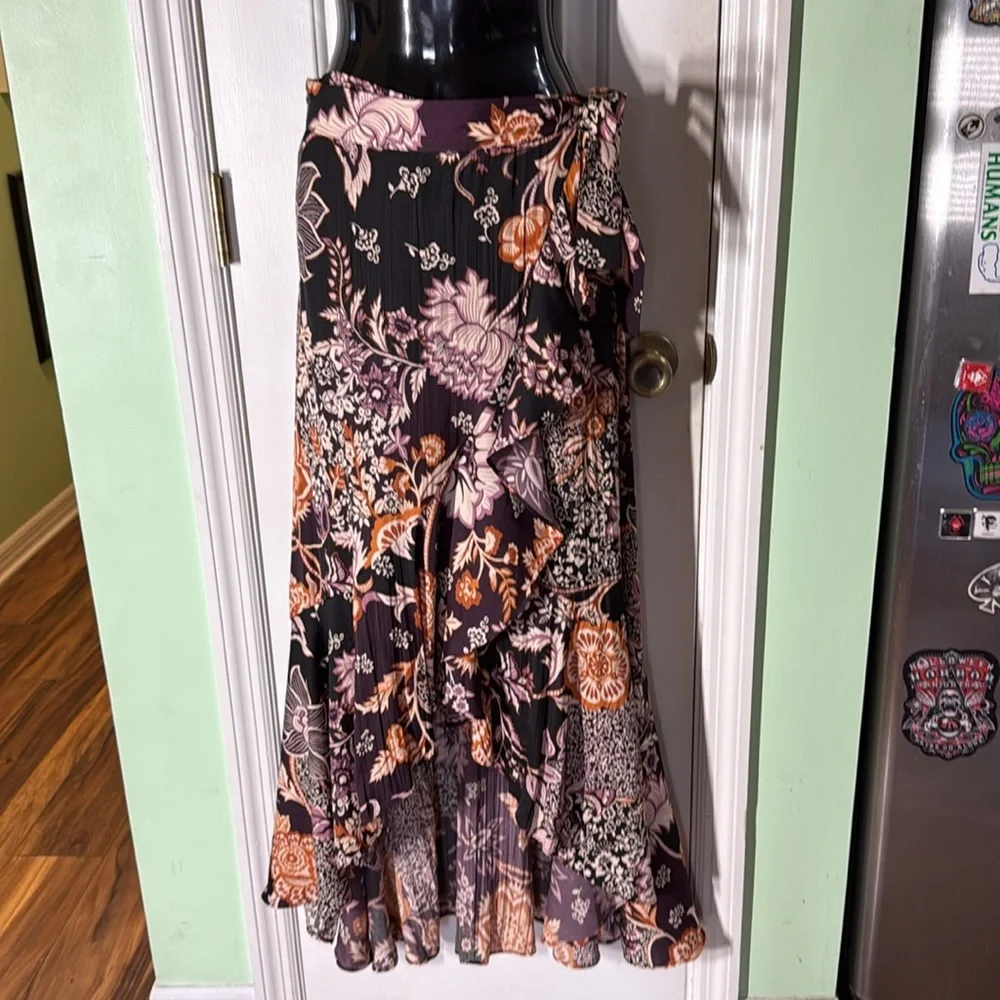 Maeve By Anthropologie Plum Floral Hi-Lo Maxi Boho Gypsy Wrap Skirt Size Small